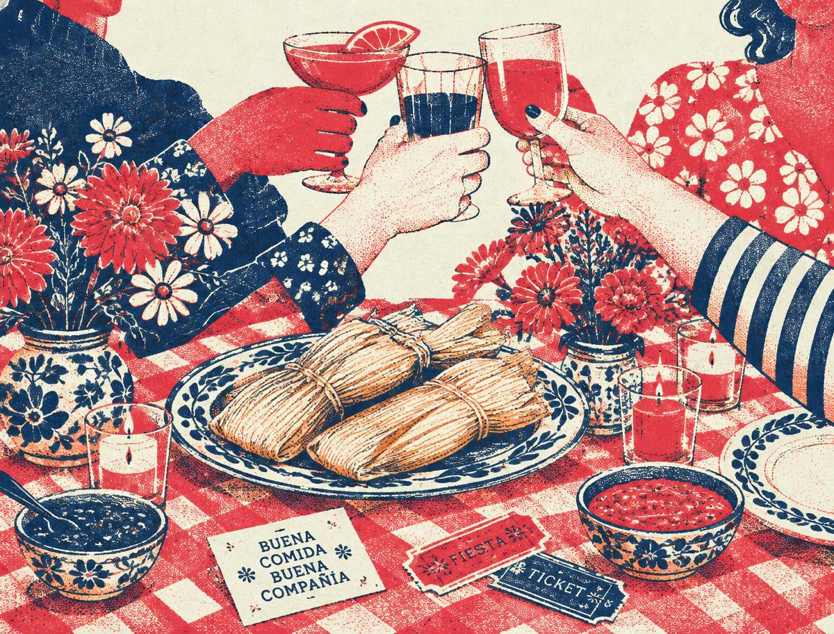 Ilustración de un brindis con tamales y flores